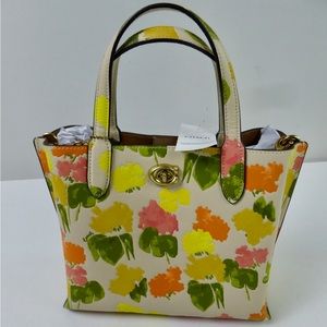 Coach Willow Pebble Leather Tote Bag Floral Design Purse NWT w Crossbody Strap